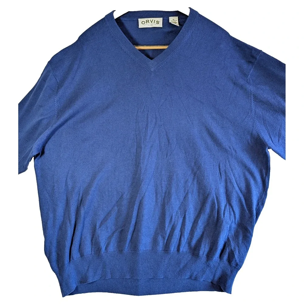 Orvis Sweater Mens XL Blue Luxury Blend Silk Cashmere Pull over V-neck